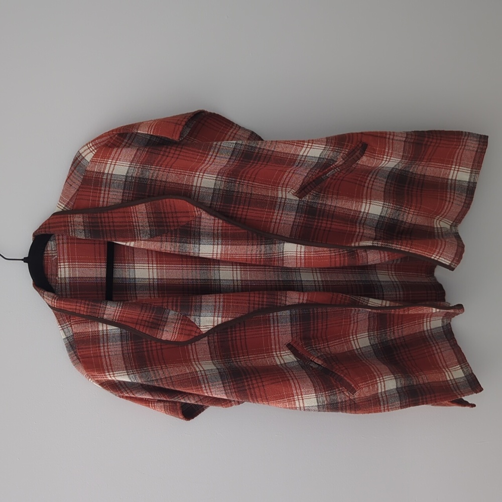 Kori America Rust Plaid Wrap, Large Shawl Open Top Scarf Cover Boxy Snap Sides